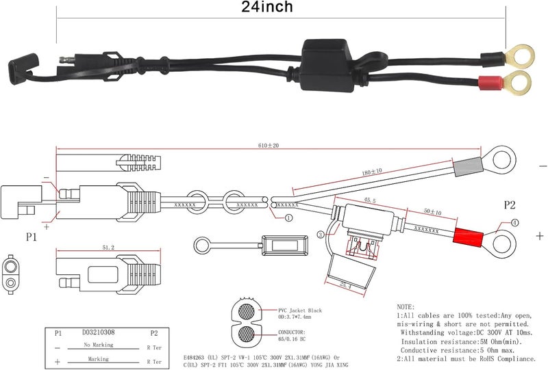 SPARKING [ 6 PACK] Sae to O Ring Terminal Harness 2FT - Sae Eyelet Ring Terminal Cable 16awg Motorcycle Battery Trickle Charger Extension Cord with Sae Battery Terminal Quick Connect Disconnect Connector - Image 2
